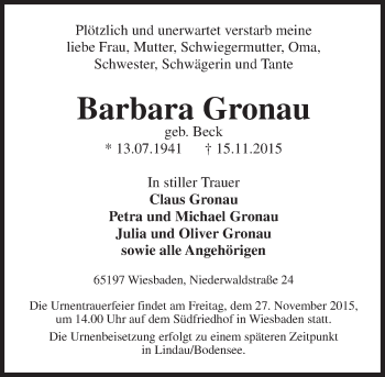 Traueranzeige von Barbara Gronau von  Wiesbaden komplett