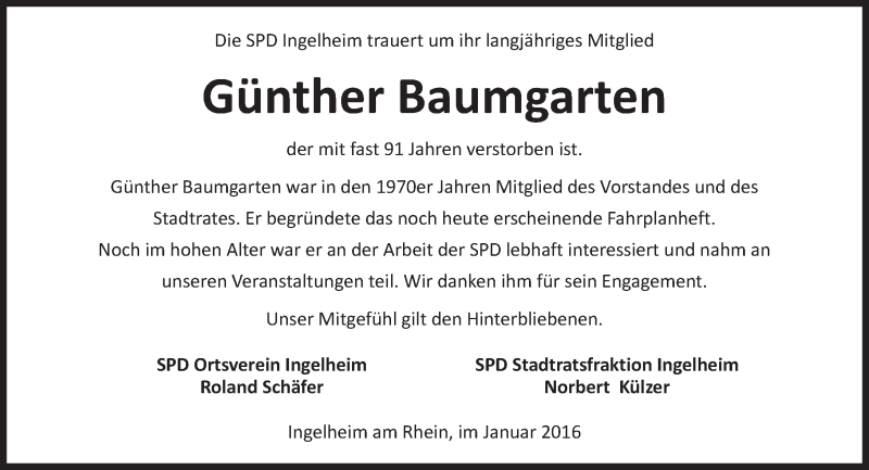  Traueranzeige für Günther Baumgarten vom 14.01.2016 aus trauer.rmp.de