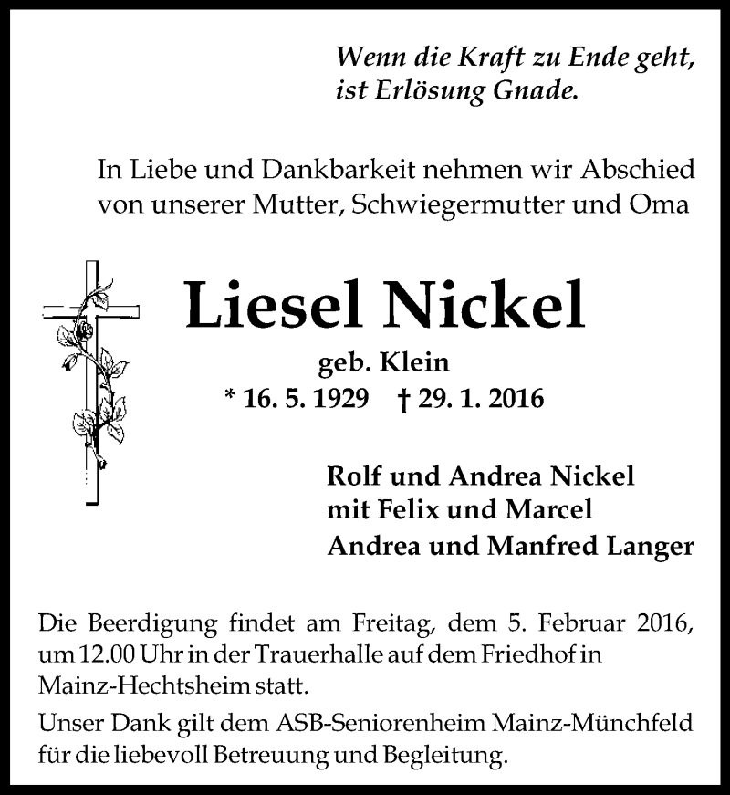  Traueranzeige für Liesel Nickel vom 03.02.2016 aus  Allgemeine Zeitung Mainz
