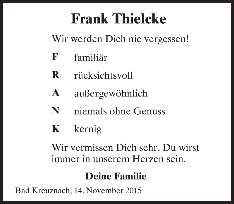  Traueranzeige für Frank Thielcke vom 21.11.2015 aus  Allg. Zeitung Bad Kreuznach