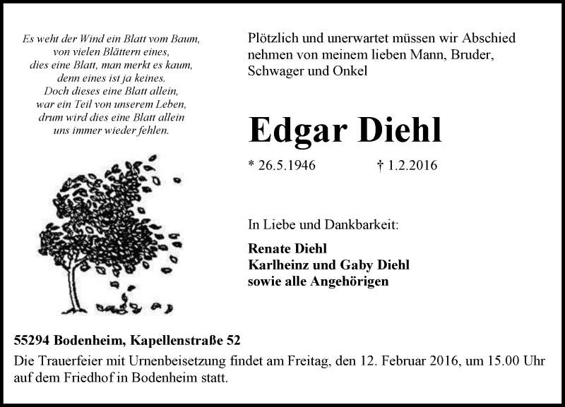  Traueranzeige für Edgar Diehl vom 06.02.2016 aus  Allgemeine Zeitung Mainz
