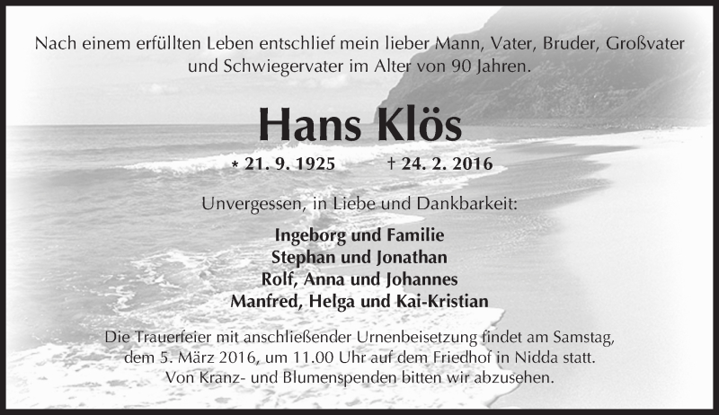  Traueranzeige für Hans Klös vom 27.02.2016 aus  Kreisanzeiger
