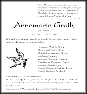 Traueranzeige von Annemarie Groth von VRM Trauer