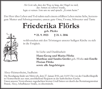 Traueranzeige von Friederika Flörks von  Allgemeine Zeitung Alzey
