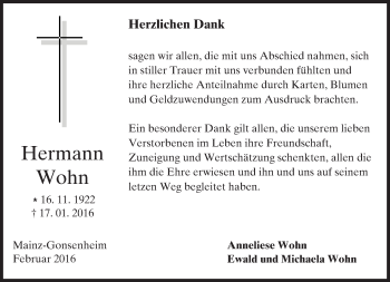 Traueranzeige von Hermann Wohn von  Allgemeine Zeitung Mainz