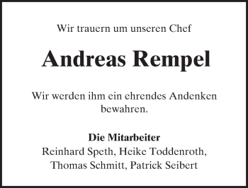 Traueranzeige von Andreas Rempel von  Allgemeine Zeitung Alzey