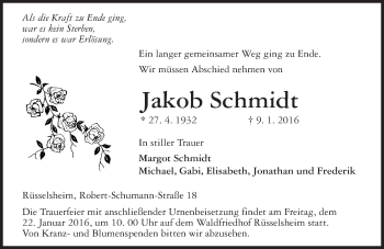 Traueranzeige von Jakob Schmidt von  Mainspitze
