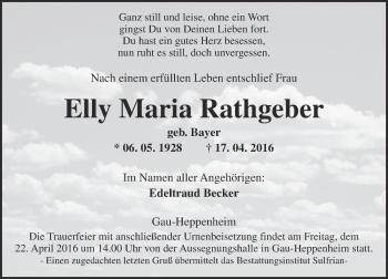 Traueranzeige von Elly Maria Rathgeber von  Allgemeine Zeitung Alzey