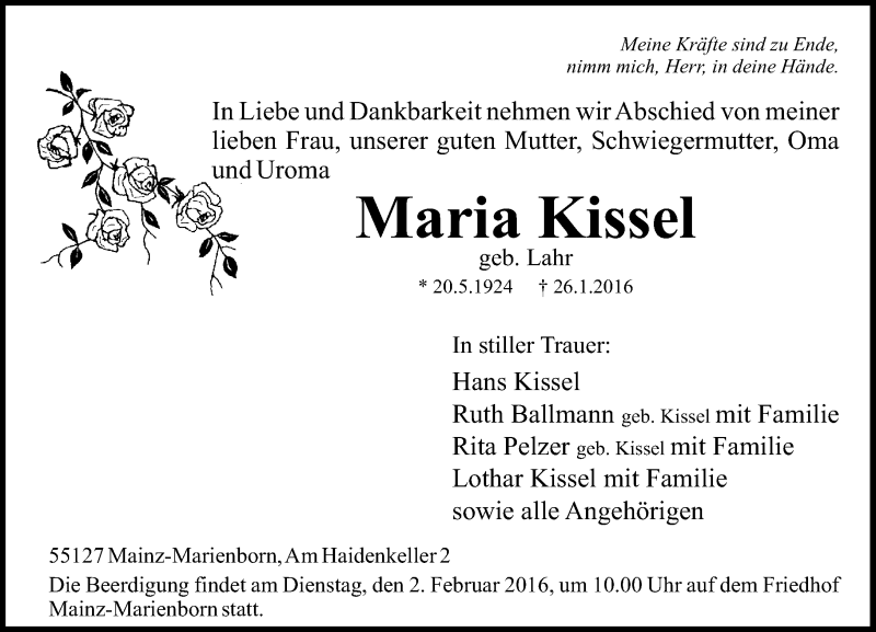  Traueranzeige für Maria Kissel vom 30.01.2016 aus  Allgemeine Zeitung Mainz