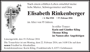 Traueranzeige von Elisabeth Rinkenberger von  GT am Sonntag