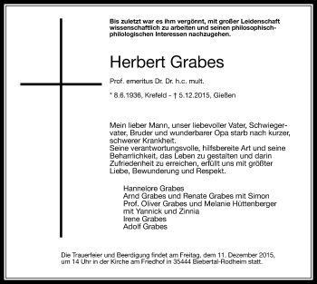 Traueranzeige von Herbert Grabes von  Gießener Anzeiger