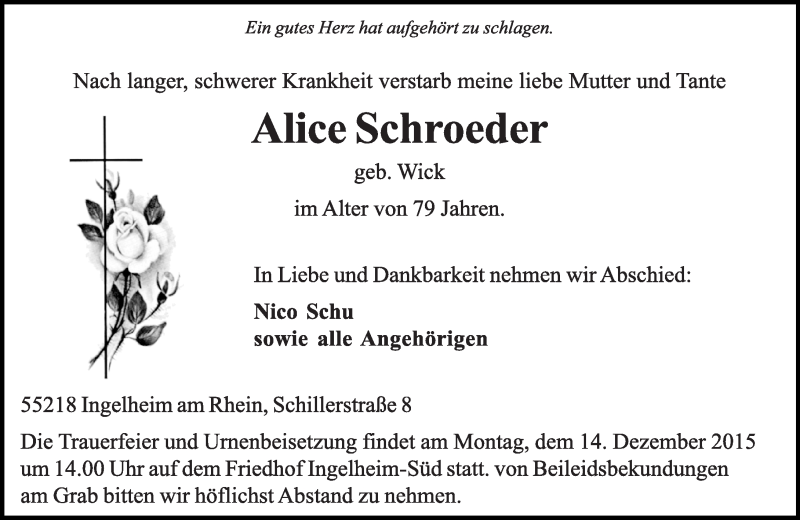  Traueranzeige für Alice Schroeder vom 10.12.2015 aus  Allgemeine  Zeitung Ingelheim-Bingen