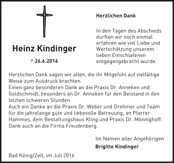 Traueranzeige von Heinz Kindinger von Trauerportal Echo Online