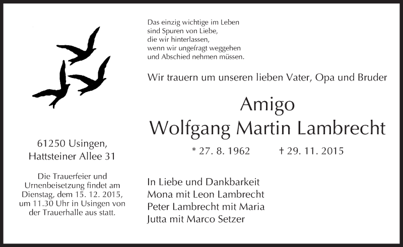  Traueranzeige für Wolfgang Martin Lambrecht vom 12.12.2015 aus  Usinger Anzeiger