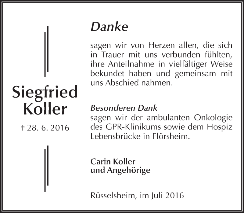  Traueranzeige für Siegfried Koller vom 16.07.2016 aus Trauerportal Rhein Main Presse
