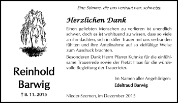 Traueranzeige von Reinhold Barwig von  Sonntags Anzeiger