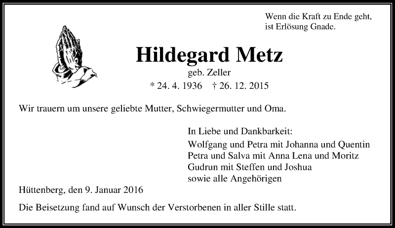  Traueranzeige für Hildegard Metz vom 09.01.2016 aus  Gießener Anzeiger