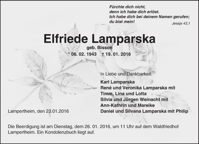  Traueranzeige für Elfriede Lamparska vom 23.01.2016 aus  Bürstädter Zeitung