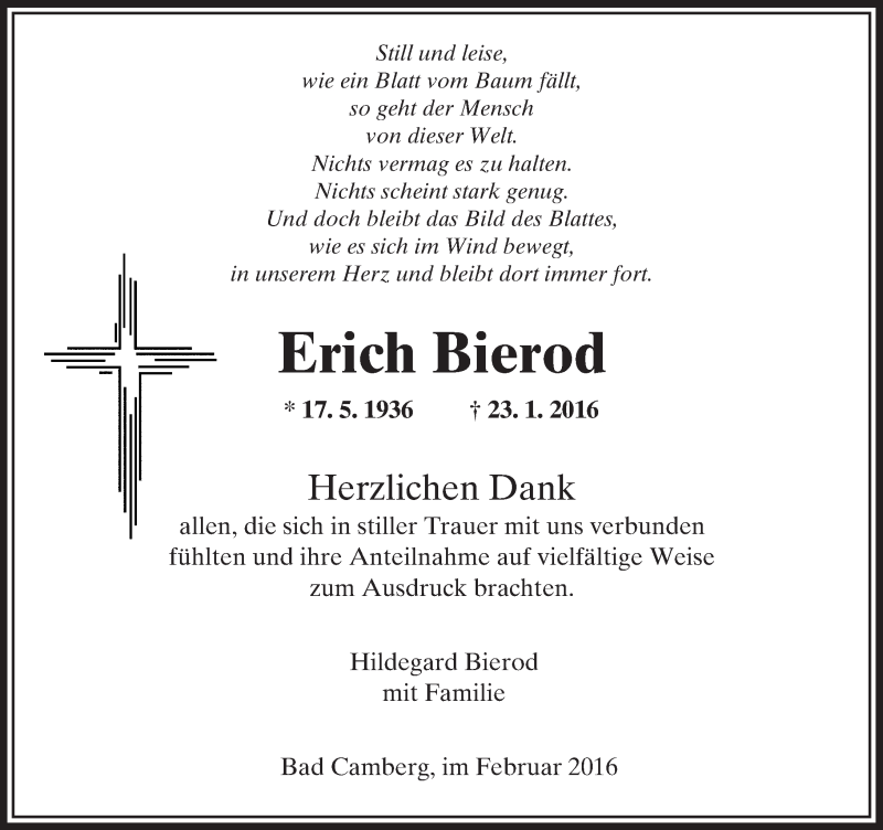  Traueranzeige für Erich Bierod vom 18.02.2016 aus  Camberger Anzeiger
