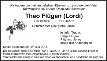 Traueranzeige von Theo Flügen von Trauerportal Rhein Main Presse