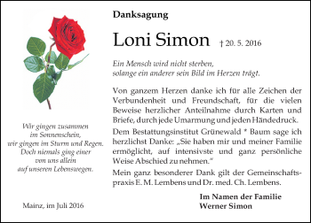Traueranzeige von Loni Simon von Trauerportal Rhein Main Presse