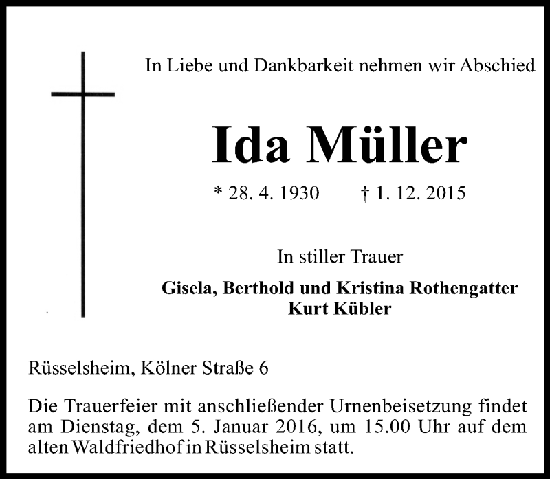  Traueranzeige für Ida Müller vom 12.12.2015 aus  Mainspitze