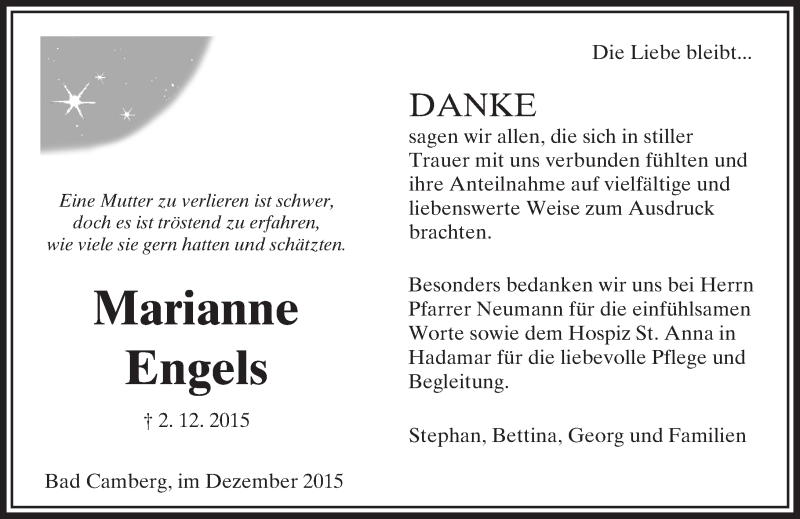  Traueranzeige für Marianne Engels vom 30.12.2015 aus  Camberger Anzeiger