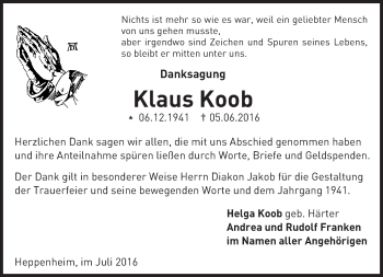 Traueranzeige von Klaus Koob von Trauerportal Echo Online