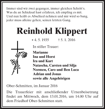 Traueranzeige von Reinhold Klippert von  Kreisanzeiger