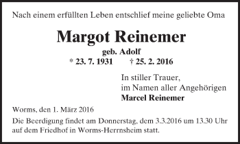 Traueranzeige von Margot Reinemer von  Wormser Zeitung
