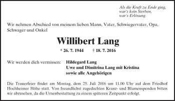 Traueranzeige von Willibert Lang von Trauerportal Rhein Main Presse