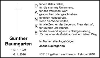 Traueranzeige von Günther Baumgarten von  Allgemeine  Zeitung Ingelheim-Bingen
