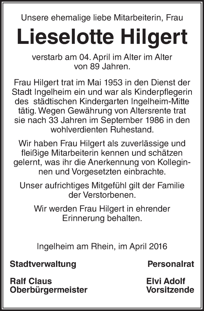  Traueranzeige für Lieselotte Hilgert vom 23.04.2016 aus trauer.rmp.de