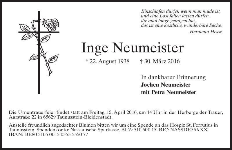  Traueranzeige für Inge Neumeister vom 09.04.2016 aus  Wiesbaden komplett