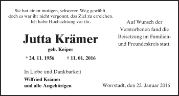Traueranzeige von Jutta Krämer von  Allgemeine Zeitung Alzey