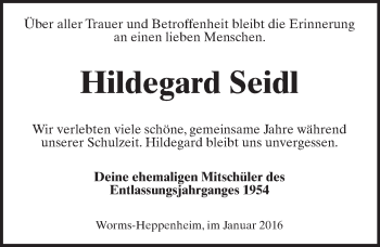 Traueranzeige von Hildegard Seidl von  Wormser Zeitung