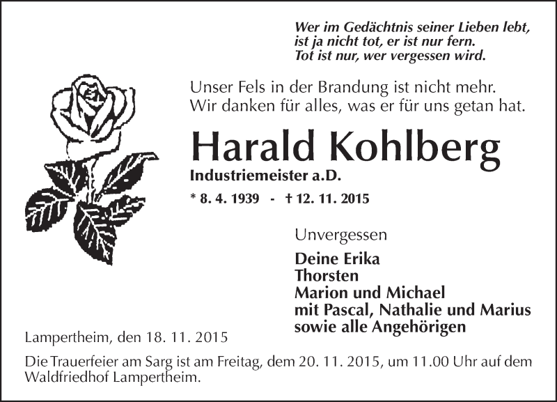  Traueranzeige für Harald Kohlberg vom 18.11.2015 aus  Bürstädter Zeitung