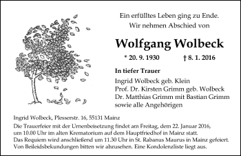 Traueranzeige von Wolfgang Wolbeck von  Allgemeine Zeitung Mainz