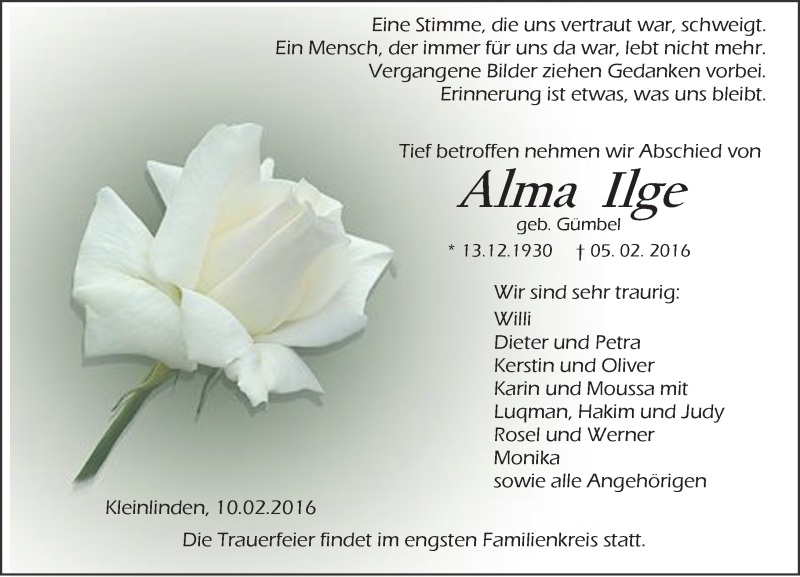  Traueranzeige für Alma Ilge vom 10.02.2016 aus  Gießener Anzeiger