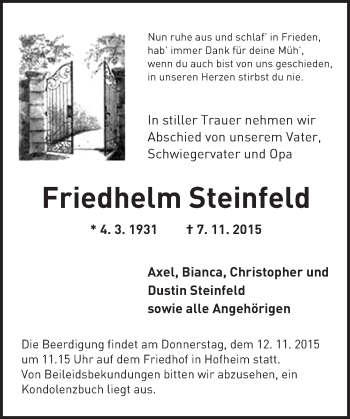 Traueranzeige von Friedhelm Steinfeld von  Bürstädter Zeitung