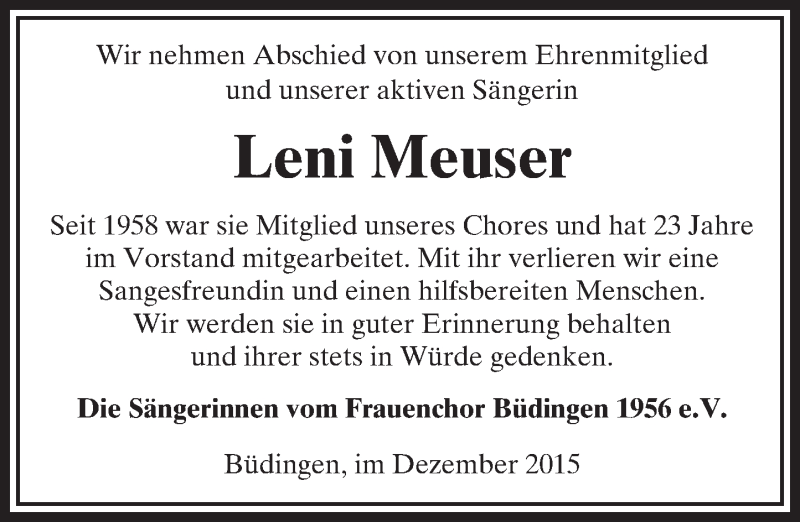  Traueranzeige für Leni Meuser vom 08.12.2015 aus  Kreisanzeiger