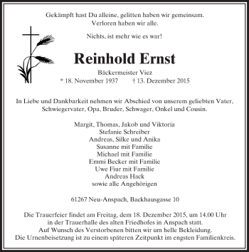 Traueranzeige von Reinhold Ernst von  Usinger Anzeiger