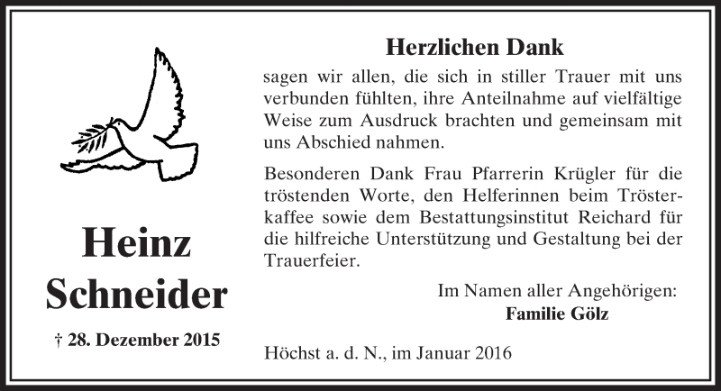  Traueranzeige für Heinz Schneider vom 30.01.2016 aus  Sonntags Anzeiger