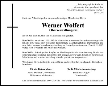 Traueranzeige von Werner Wolfert von Trauerportal Rhein Main Presse