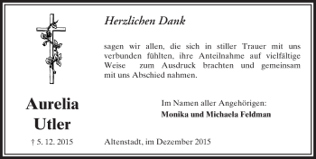Traueranzeige von Aurelia Utler von  Sonntags Anzeiger