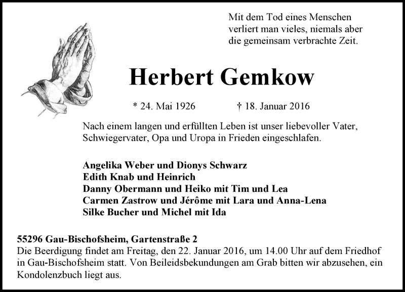  Traueranzeige für Herbert Gemkow vom 20.01.2016 aus  Allgemeine Zeitung Mainz