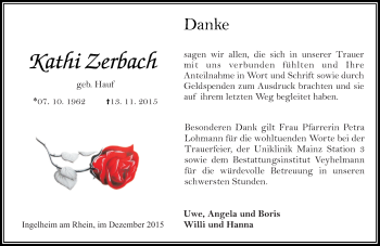 Traueranzeige von Kathi Zerbach von  Allgemeine  Zeitung Ingelheim-Bingen