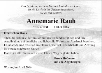 Traueranzeige von Annemarie Rauh von  Wormser Zeitung