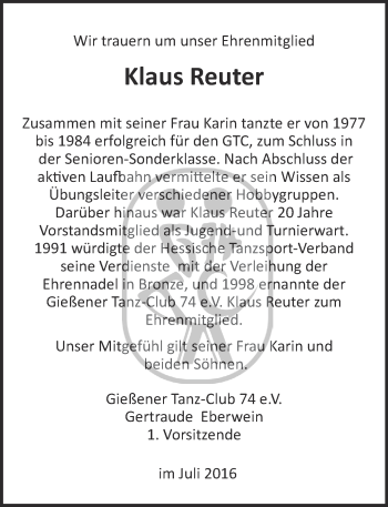 Traueranzeige von Klaus Reuter von  Gießener Anzeiger