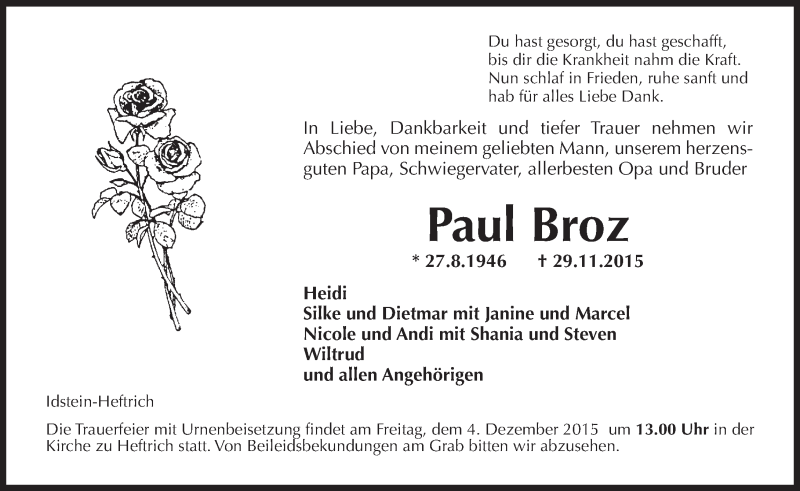  Traueranzeige für Paul Broz vom 01.12.2015 aus  Idsteiner Zeitung